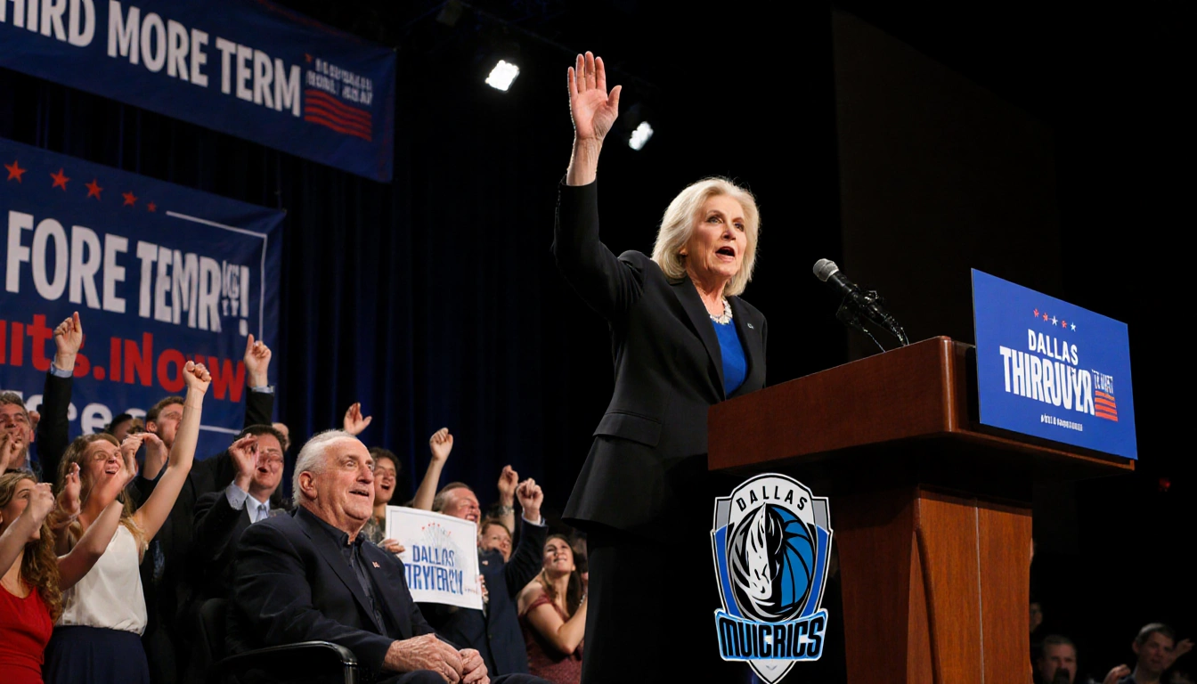 Miriam Adelson stepping forward with confidence and crowd with banner reading 'Third Term' and Dallas Mavericks logo nearby