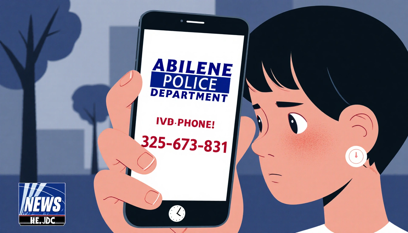 Concerned woman holding phone with Abilene Police number and clock in corner.