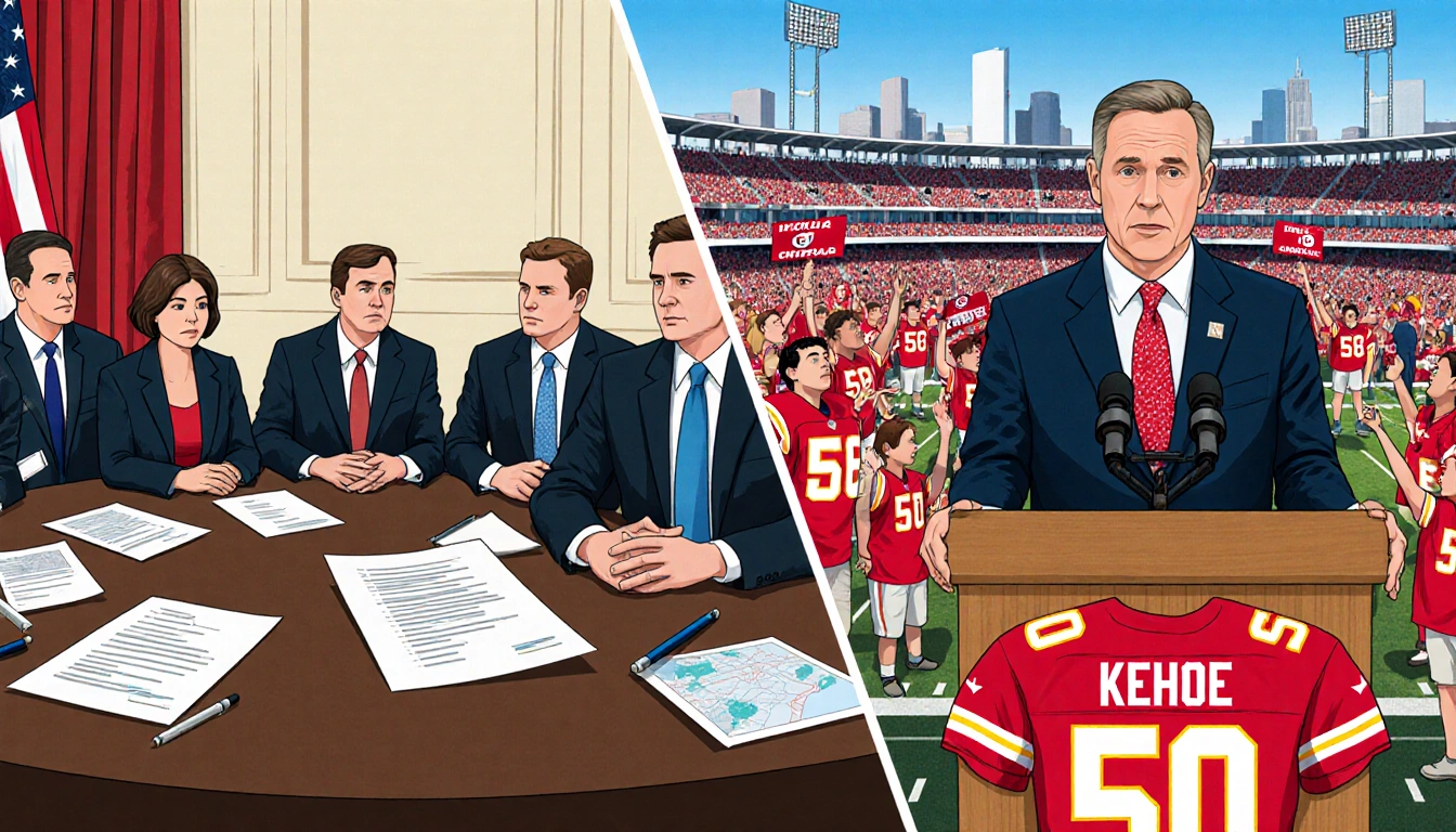 Missouri lawmakers debating bills with papers and pens while Governor Mike Kehoe addresses Chiefs fans in stadium