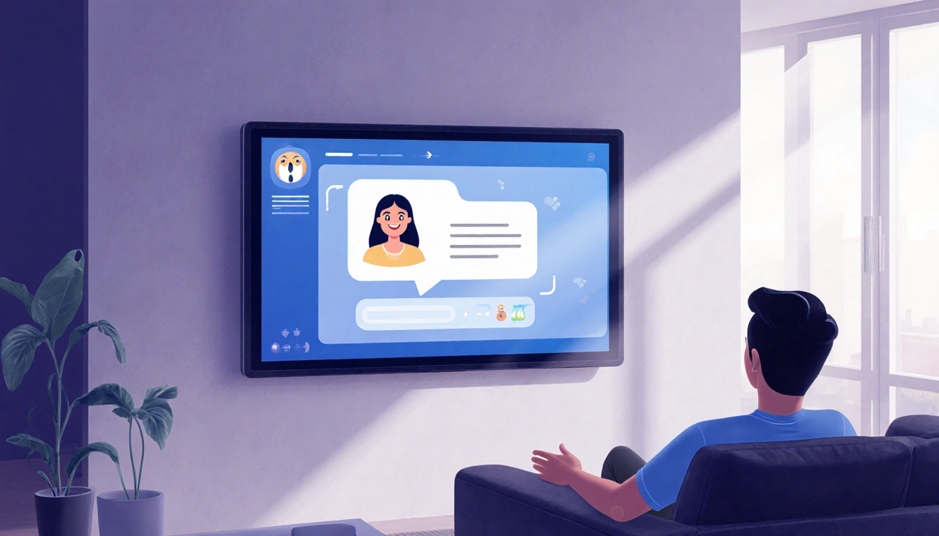 Person interacting with smart display voice assistant in living room with soft ambient lighting.