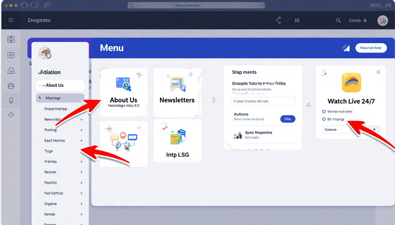 Navigation menu showing icons and links for About Us Newsletters and Watch Live 24/7 with arrows on a minimalist background