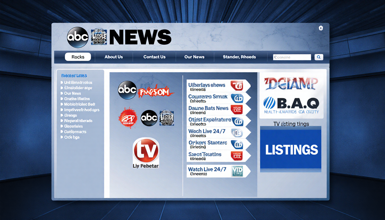 Newsroom screen lists footer links with About Us and Contact Us and TV Listings and Watch Live 24/7 in a vertical layout.