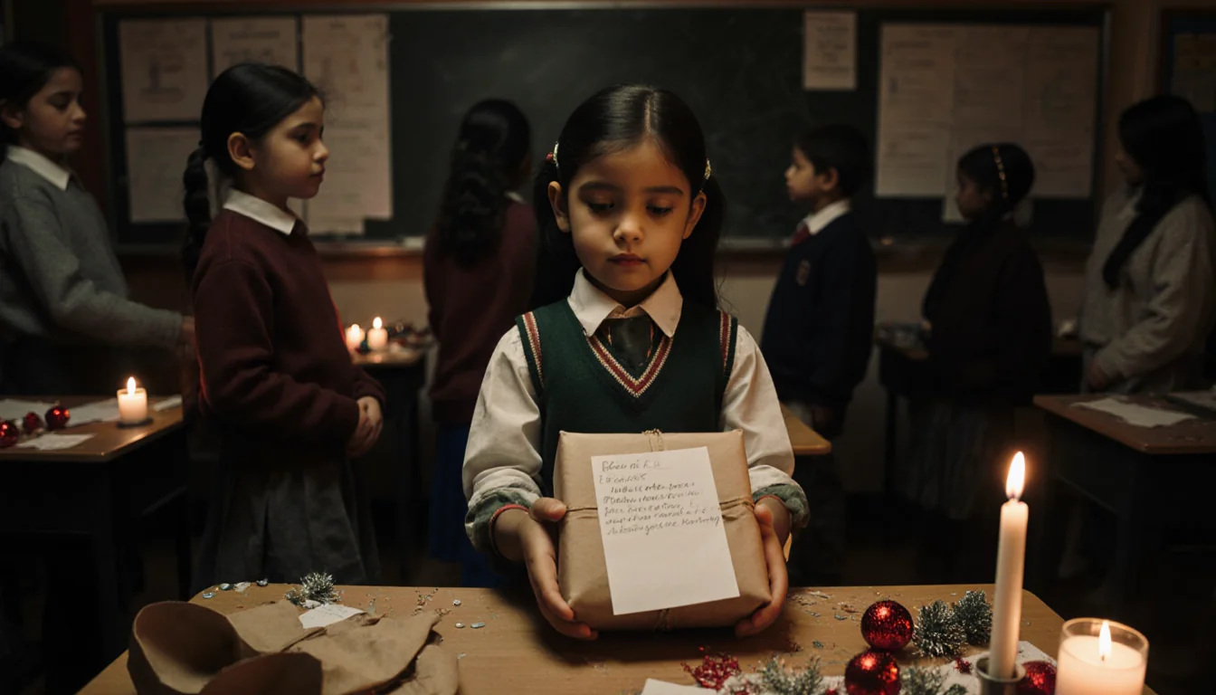 Child holds brown paper gift with handwritten note near flickering candles and diverse classmates in dimly lit room