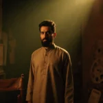 Mohammad Bakri standing in Palestinian attire with worn leather director