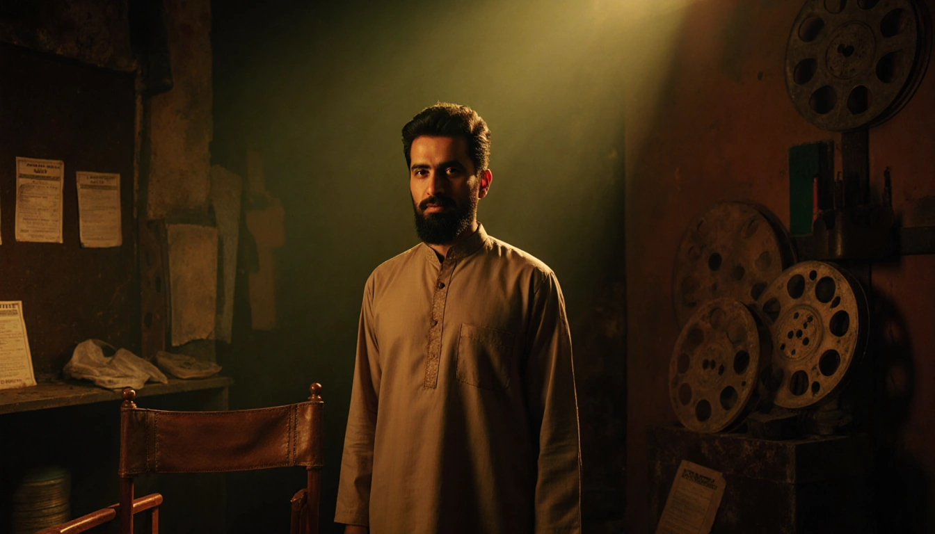 Mohammad Bakri standing in Palestinian attire with worn leather director