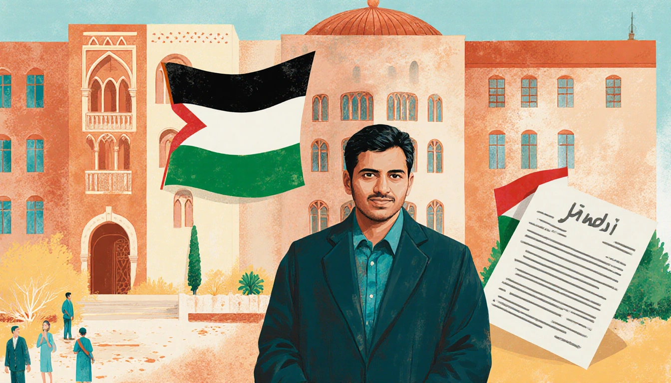 Mohammad Bakri standing before a university building with mixed Israeli and Palestinian architecture holding theater script