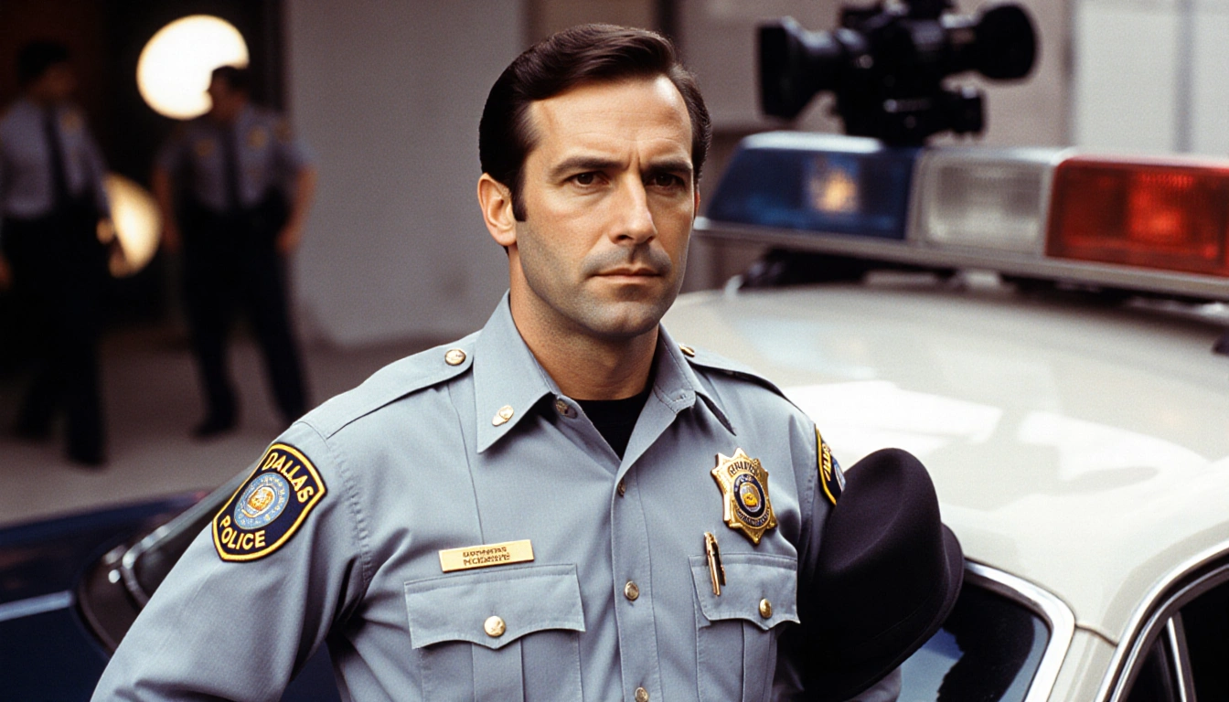 Moncibais stands confidently in a 1971 Dallas police uniform with badge and vintage police car behind him while a blurred fil