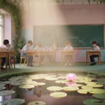 Students drawing at wooden desks with a glowing water‑lily pond and pastel walls in a tranquil classroom.