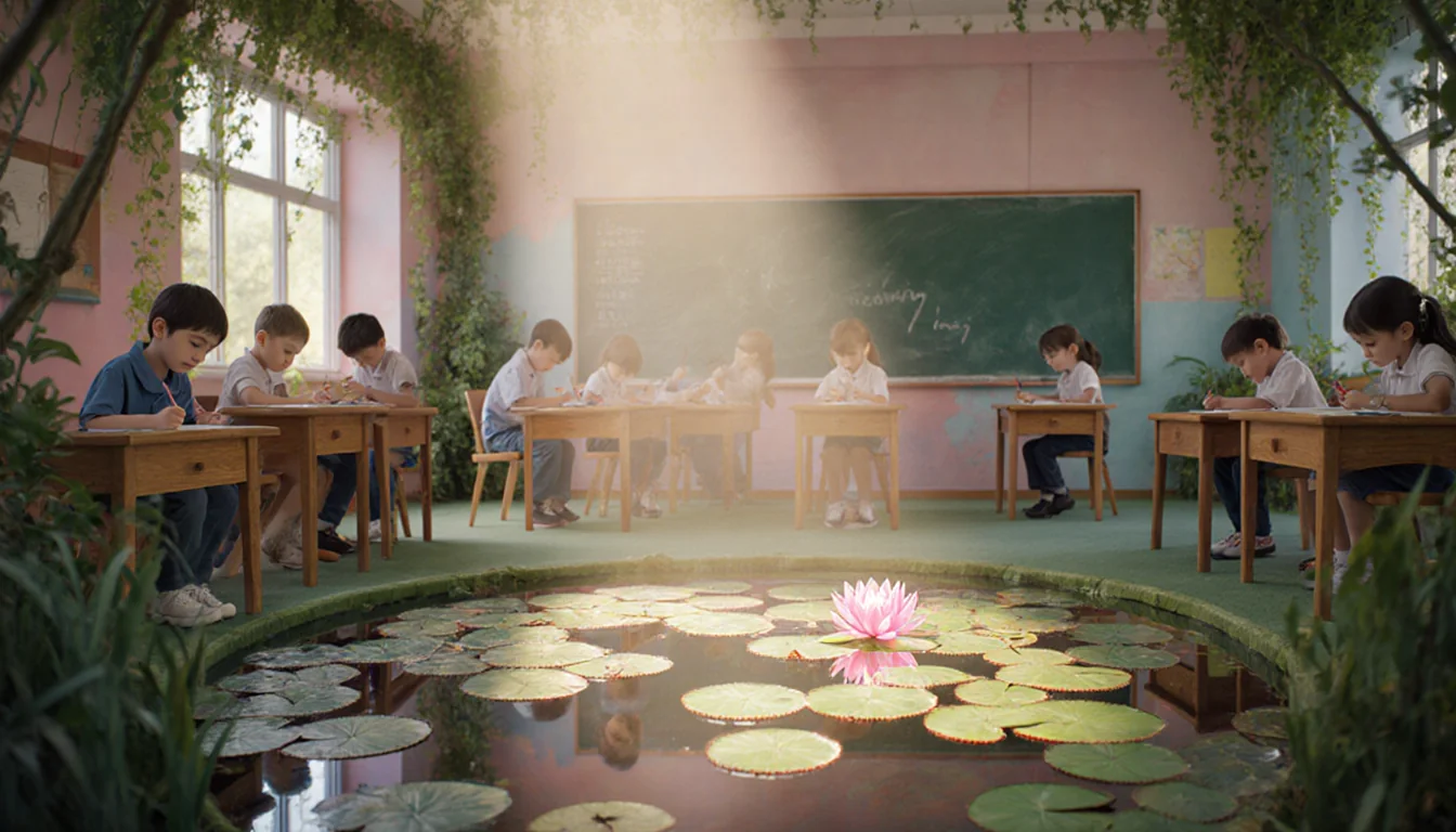 Students drawing at wooden desks with a glowing water‑lily pond and pastel walls in a tranquil classroom.