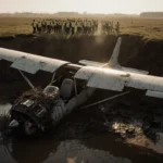Homebuilt plane lies partially submerged in a muddy ditch with tangled wires exposed and a crowd in emergency vests watching
