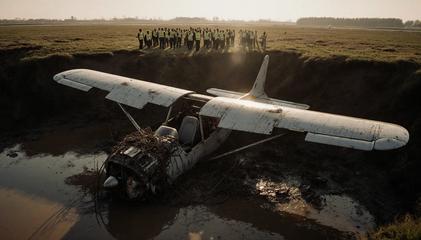 Homebuilt plane lies partially submerged in a muddy ditch with tangled wires exposed and a crowd in emergency vests watching