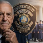 Corporal Monty Moncibais standing proudly with his hand on a weathered Dallas Police badge and blurred cadets in background