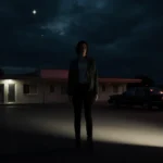 Silhouetted woman stands in motel parking lot with neon glow reflecting off her jacket and spotlight illuminating pavement