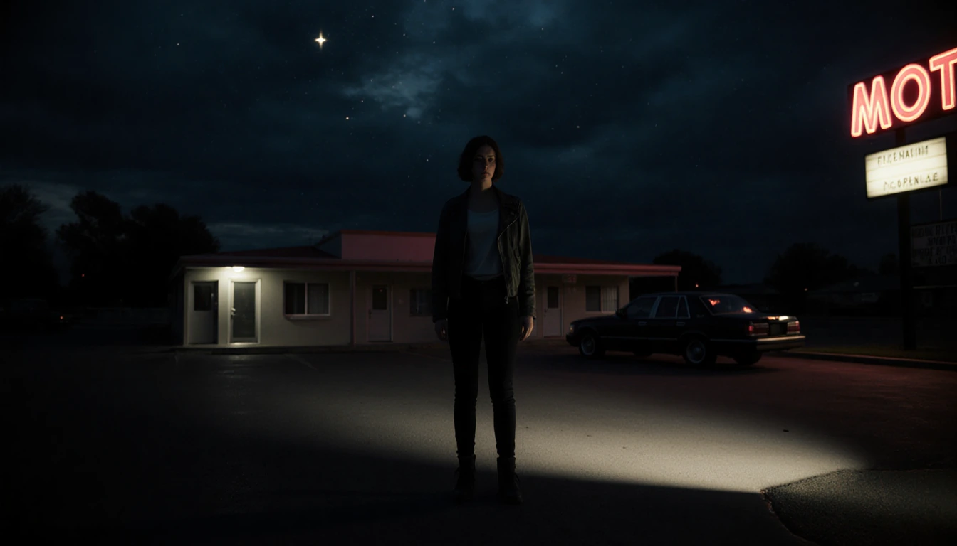Silhouetted woman stands in motel parking lot with neon glow reflecting off her jacket and spotlight illuminating pavement