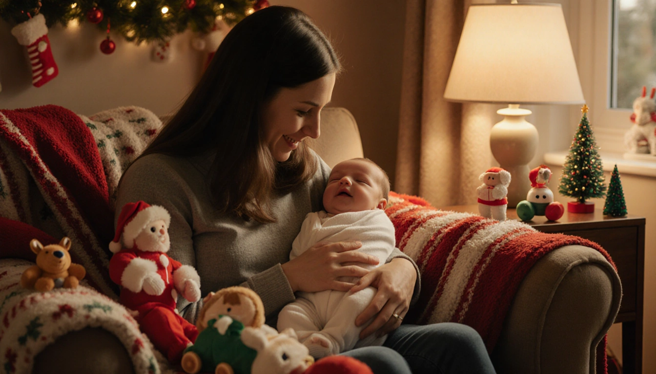 Mother gazing lovingly at her newborn with warm golden light and Christmas toys and blankets