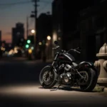 Abandoned motorcycle lying on a dark street with a faint spotlight and a large fire hydrant nearby