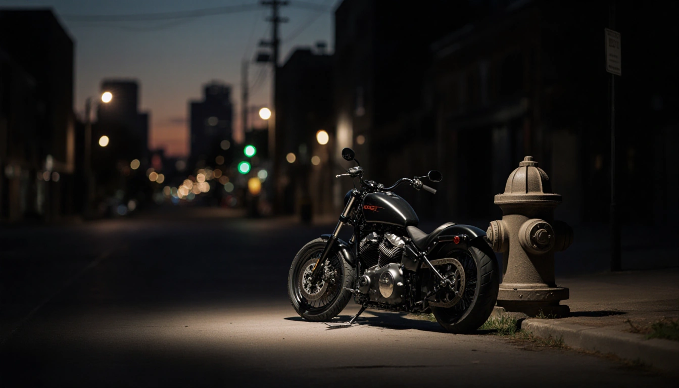 Abandoned motorcycle lying on a dark street with a faint spotlight and a large fire hydrant nearby