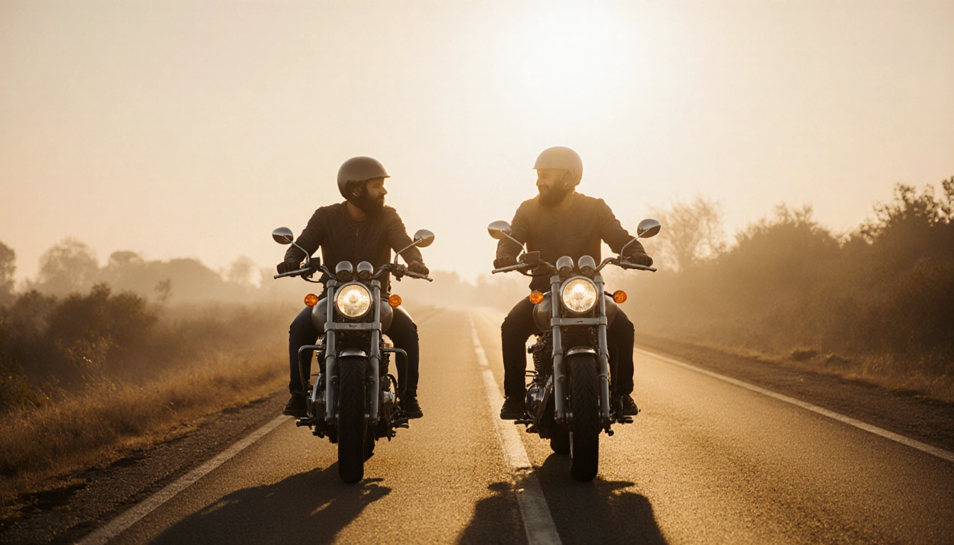 Yahya Mahmoud rides motorcycle with Marshawn Kneeland on a sunny road with golden glow and gentle shadow