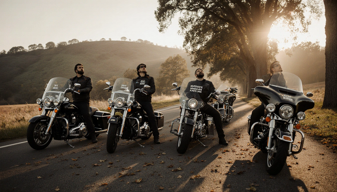 Four motorcycles with custom decals honoring Marshawn Kneeland parked on a sunlit highway oak trees riders stare up sadly