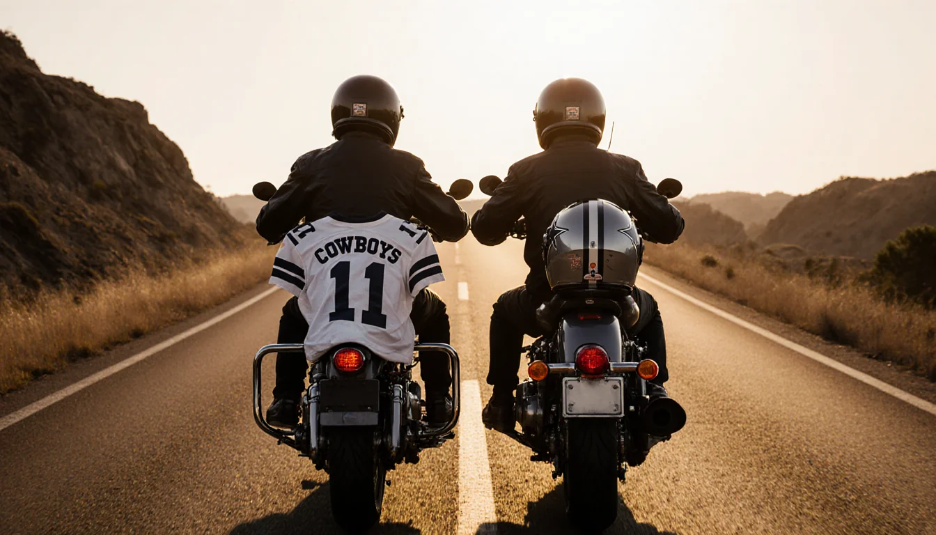 Motorcyclists ride side by side on winding road with sunset glow and a Cowboys helmet hanging from one bike