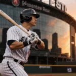 Munetaka Murakami steps up to plate with White Sox jersey and bat as Chicago skyline reflects off stadium glass