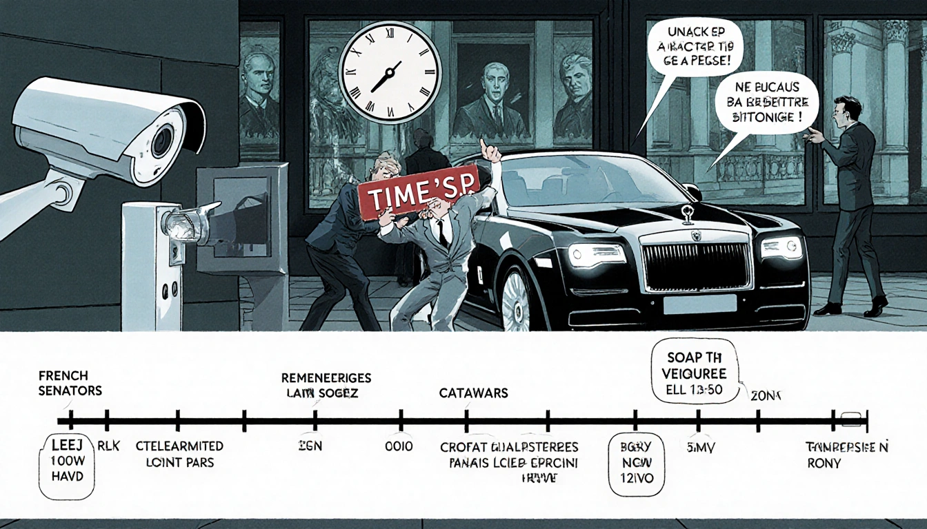 Thief escaping with crown jewels with operational camera focused on getaway vehicle and security scrambling behind.