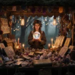 Katie Begley holds a crystal ball at a mystical market stall with candlelight illuminating crystals and tarot cards