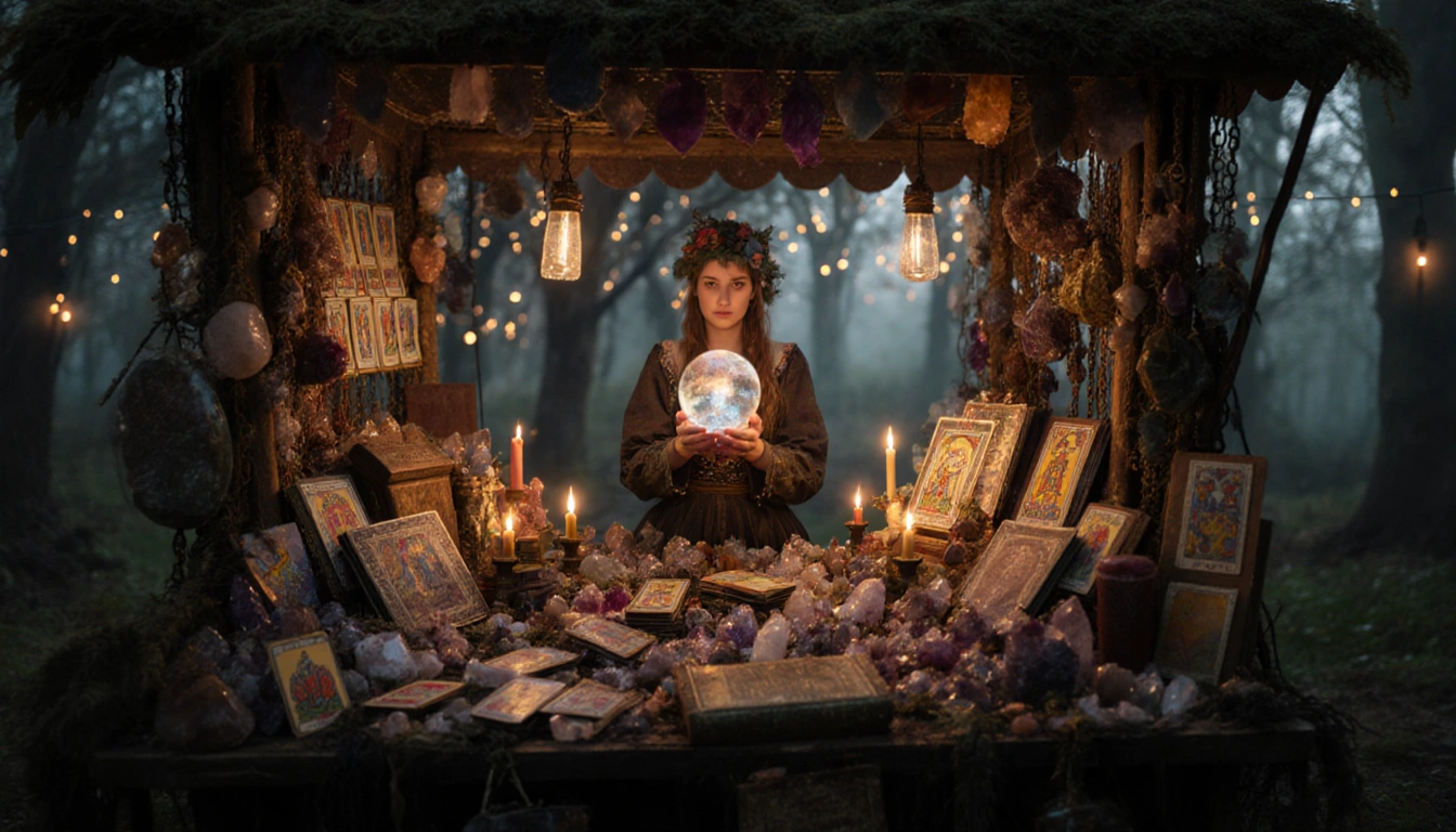 Katie Begley holds a crystal ball at a mystical market stall with candlelight illuminating crystals and tarot cards