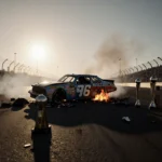 Vintage NASCAR car smolders with shattered trophies and scattered gear under a dusk haze.