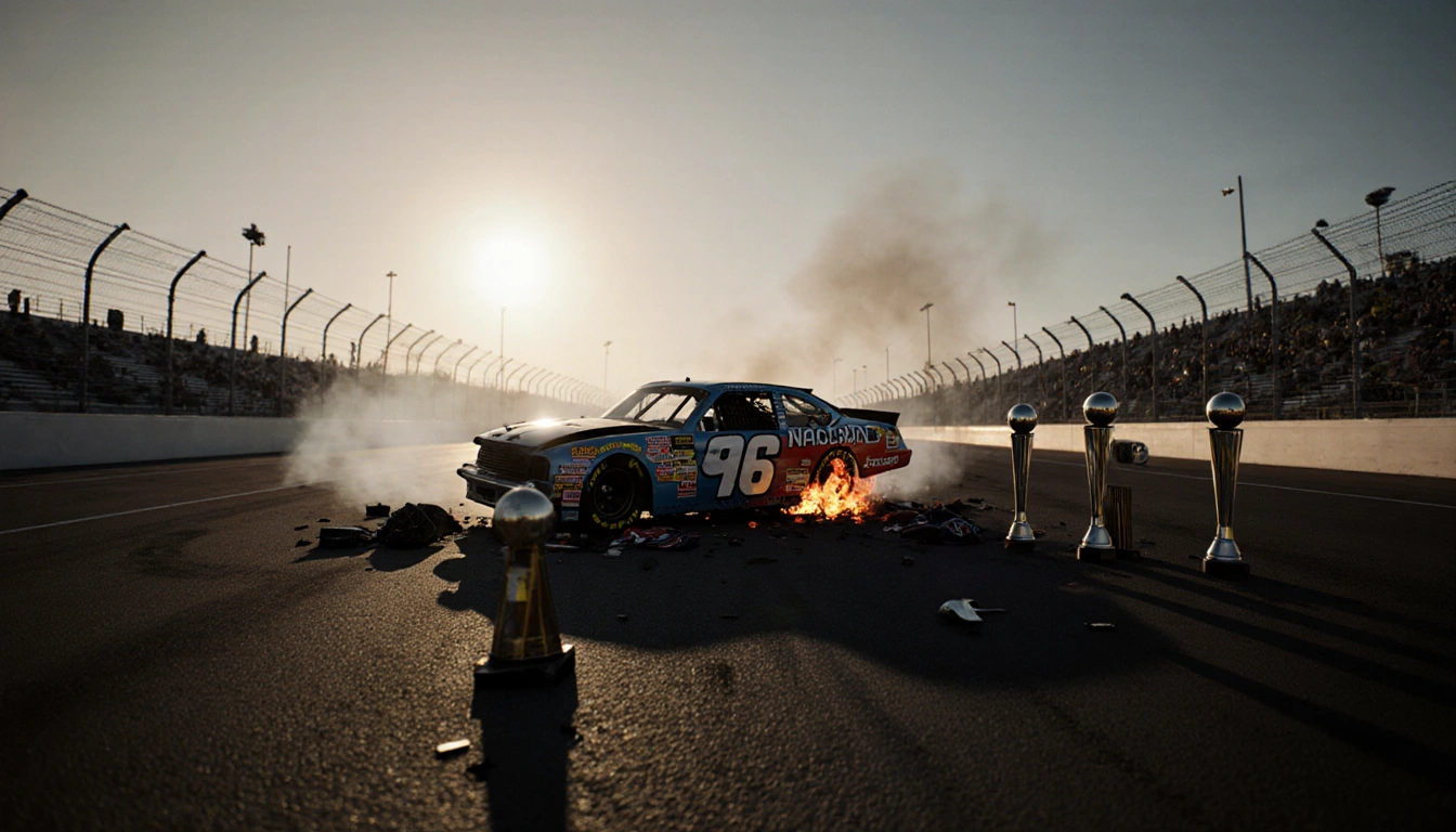 Vintage NASCAR car smolders with shattered trophies and scattered gear under a dusk haze.