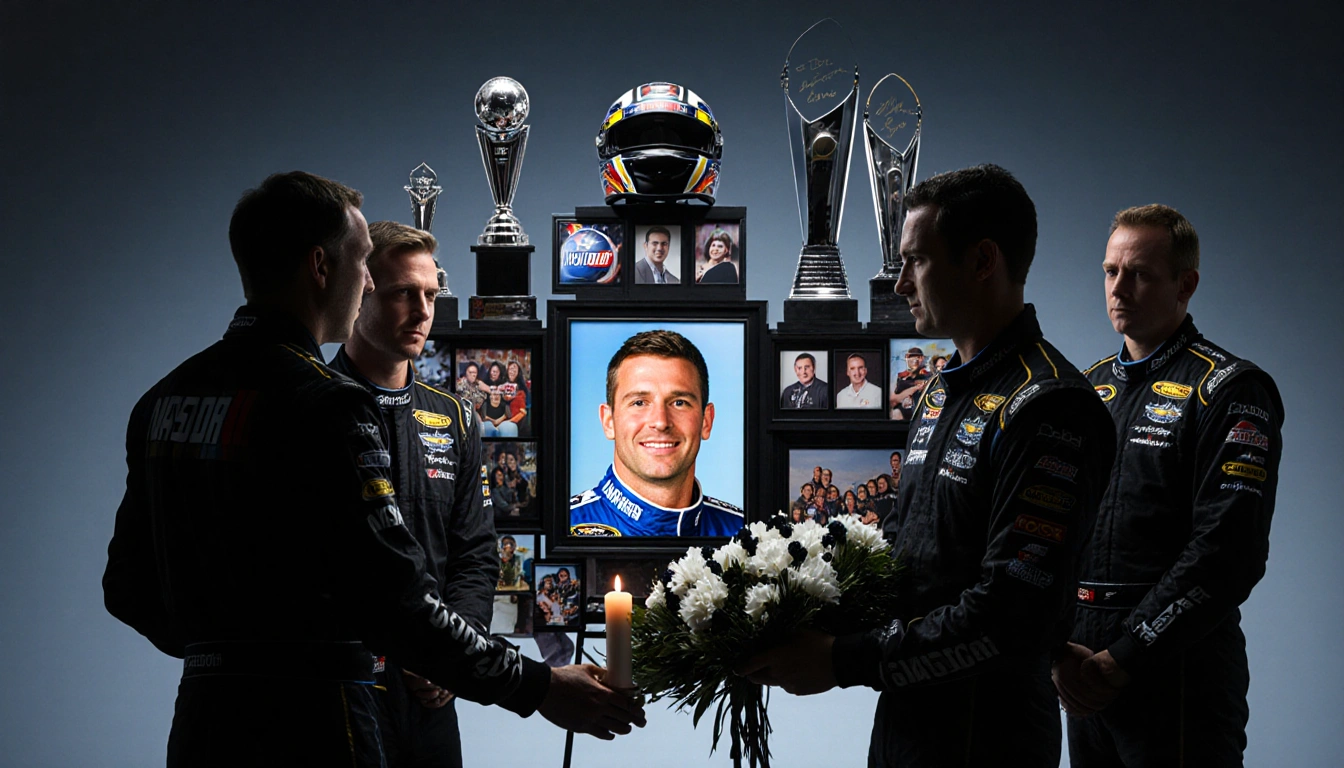 NASCAR team gathering around a memorial board with a photo of Greg Biffle and a candle