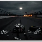 Helmet lying on asphalt with hovering plane light and flames licking horizon and checkered flags nearby.