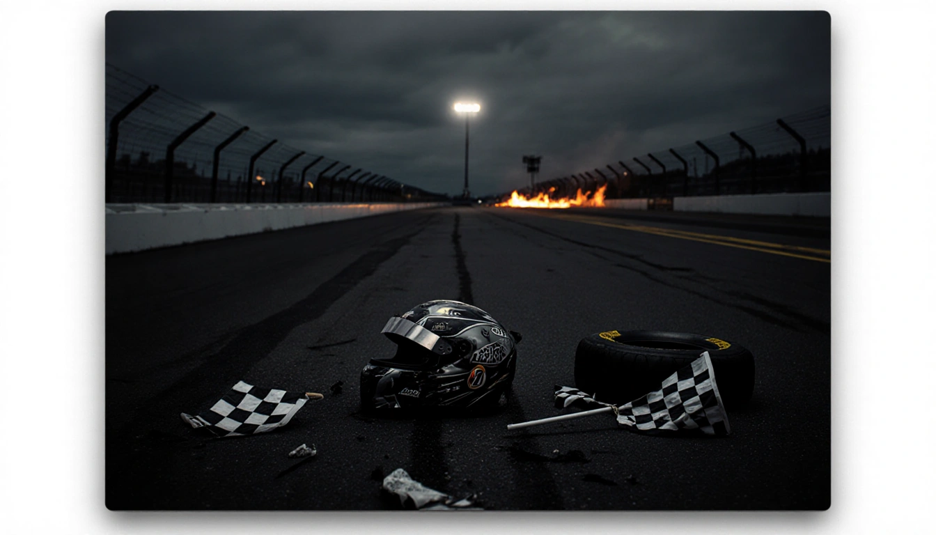 Helmet lying on asphalt with hovering plane light and flames licking horizon and checkered flags nearby.