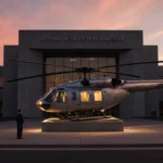 Figure stands proudly beside helicopter on pedestal with museum entrance and patriotic dusk sky.