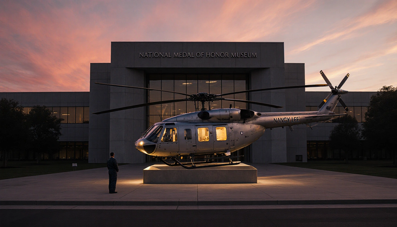 Figure stands proudly beside helicopter on pedestal with museum entrance and patriotic dusk sky.