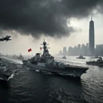 Warship sails through naval formation with Taipei 101 misted behind and storm clouds gathering over horizon