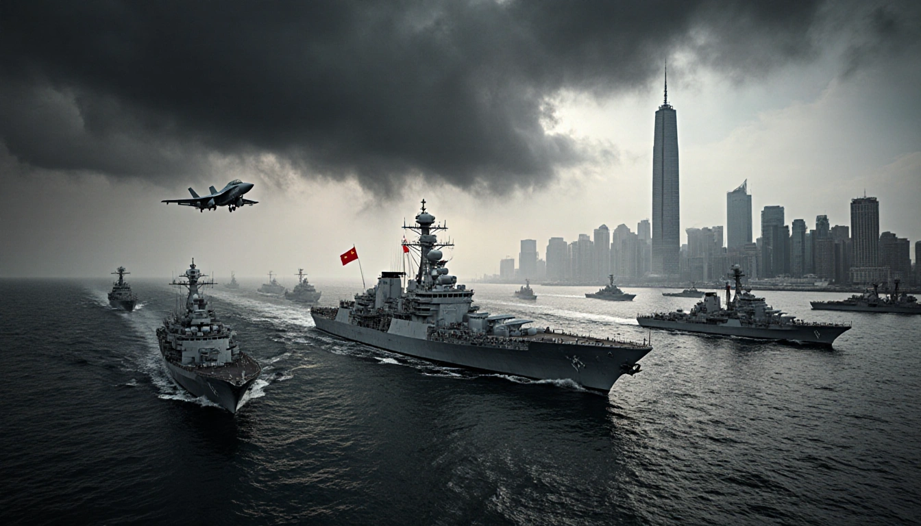 Warship sails through naval formation with Taipei 101 misted behind and storm clouds gathering over horizon