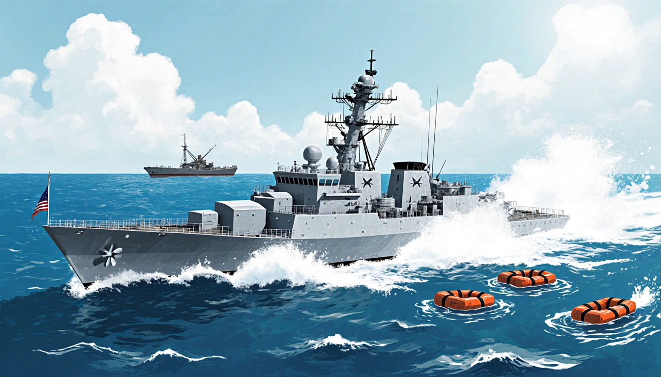 US destroyer striking drug boat with foam spray and bodies floating in Caribbean waters