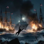 Silhouette of a person falling into nighttime sea with flames on three burning naval vessels and a searchlight in background