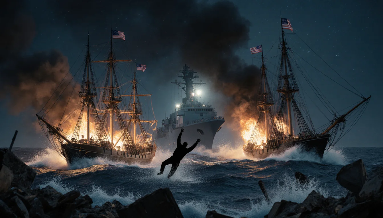 Silhouette of a person falling into nighttime sea with flames on three burning naval vessels and a searchlight in background