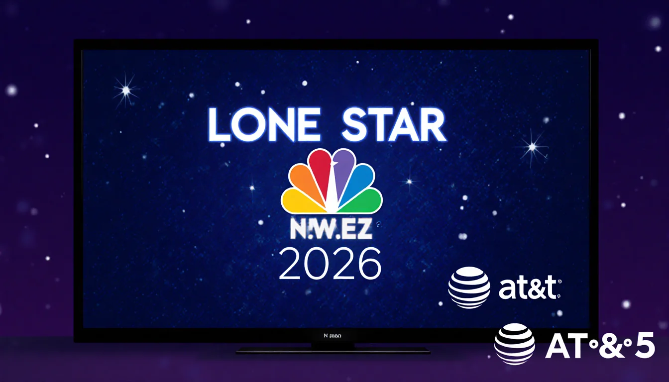 TV screen showing NBC 5 logo 10:58 with Lone Star NYE 2026 text against dark blue background and AT&T logo in corner