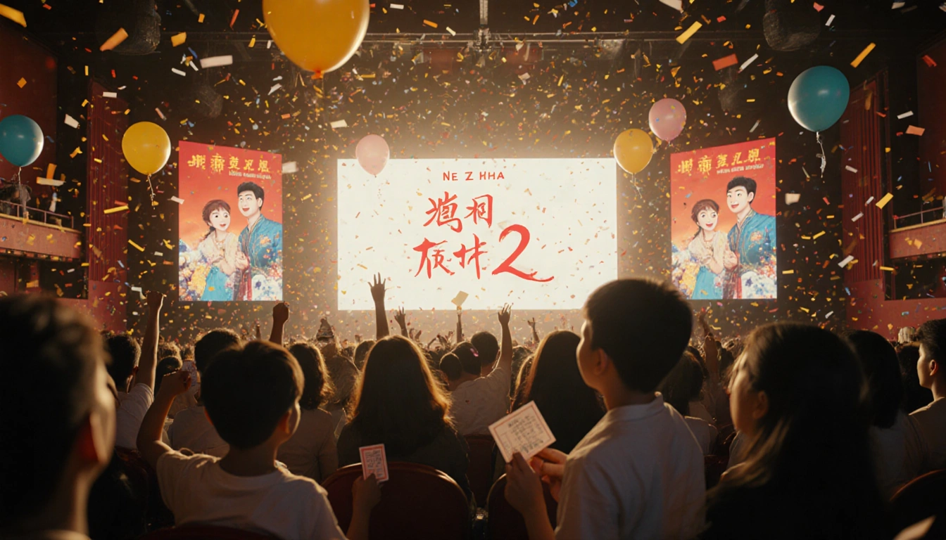Fans cheering at film festival with Ne Zha 2 on giant screens and confetti swirling in golden light