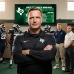 Football coach Neal Brown stands in a North Texas locker room with a large TV screen showing season stats and assistant coach