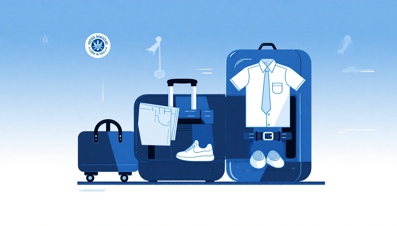 Luggage being packed with clothes and shoes neatly arranged with TSA logo and security screening signs in subtle airport back