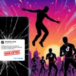 Giant smartphone displaying a TikTok ban notification with neon cityscape and Kendrick Lamar silhouette.