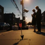Widow gazing down at arrowhead with husband