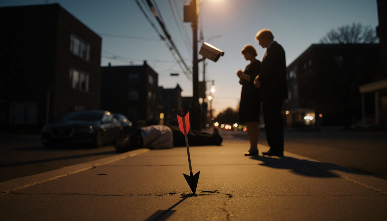Widow gazing down at arrowhead with husband