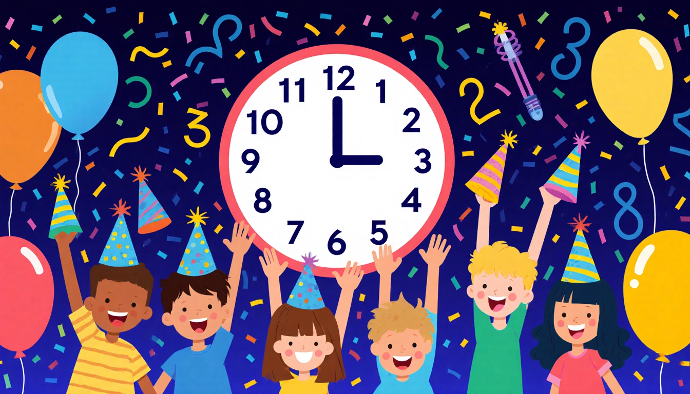 Children celebrating New Year's Eve with balloons and confetti around a bright countdown clock.