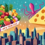 Massive cheese wedge dropping from sky over city skyline at sunset with bright fruit stand and sea creature float below