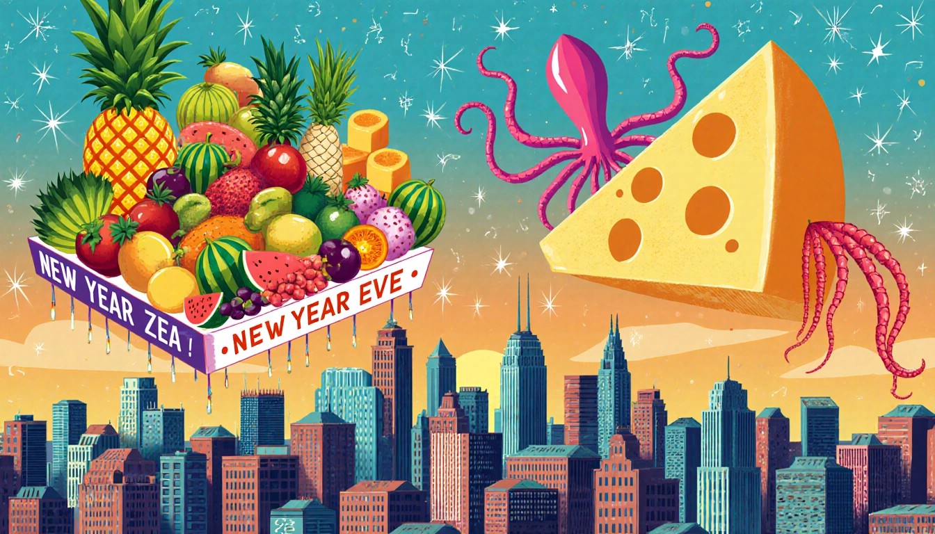 Massive cheese wedge dropping from sky over city skyline at sunset with bright fruit stand and sea creature float below